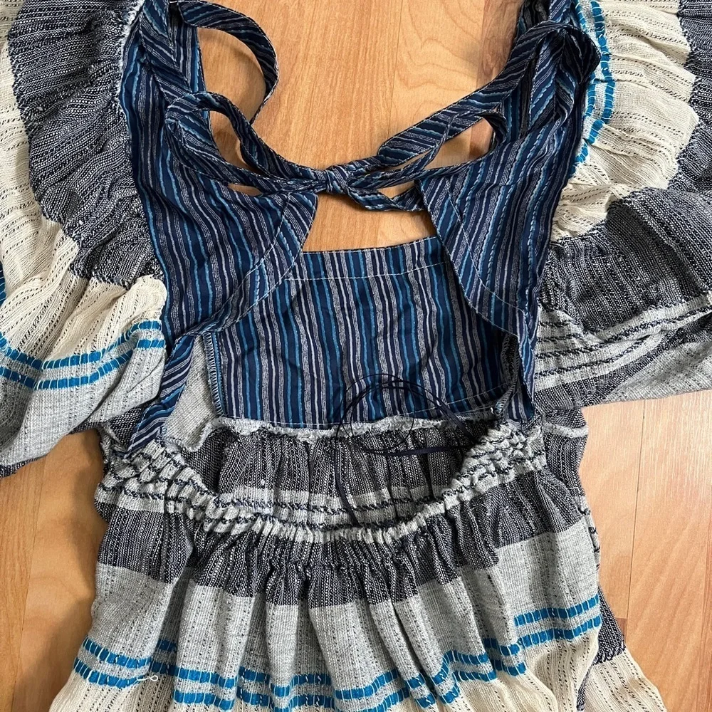 EUC Free People Chic Indigo Combo Gauzy mini dress with balloon sleeves sz XS